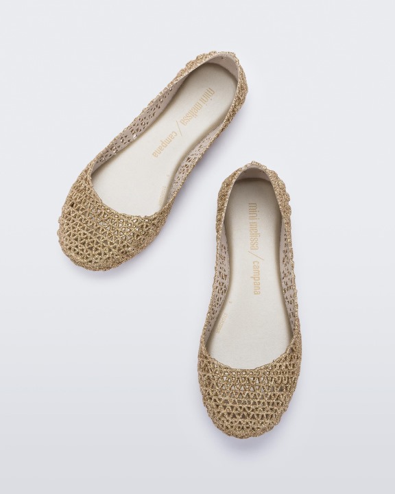 Mini Melissa Campana Papel Flat Kids Glitter Branco Dourado